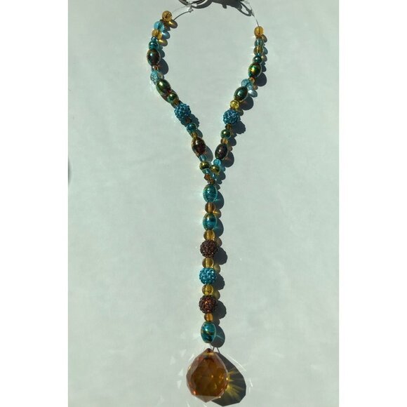 Beaded Suncatcher Car Charm Rearview Mirror Ornament TurquoiseGold Crystal Prism - Picture 8 of 10